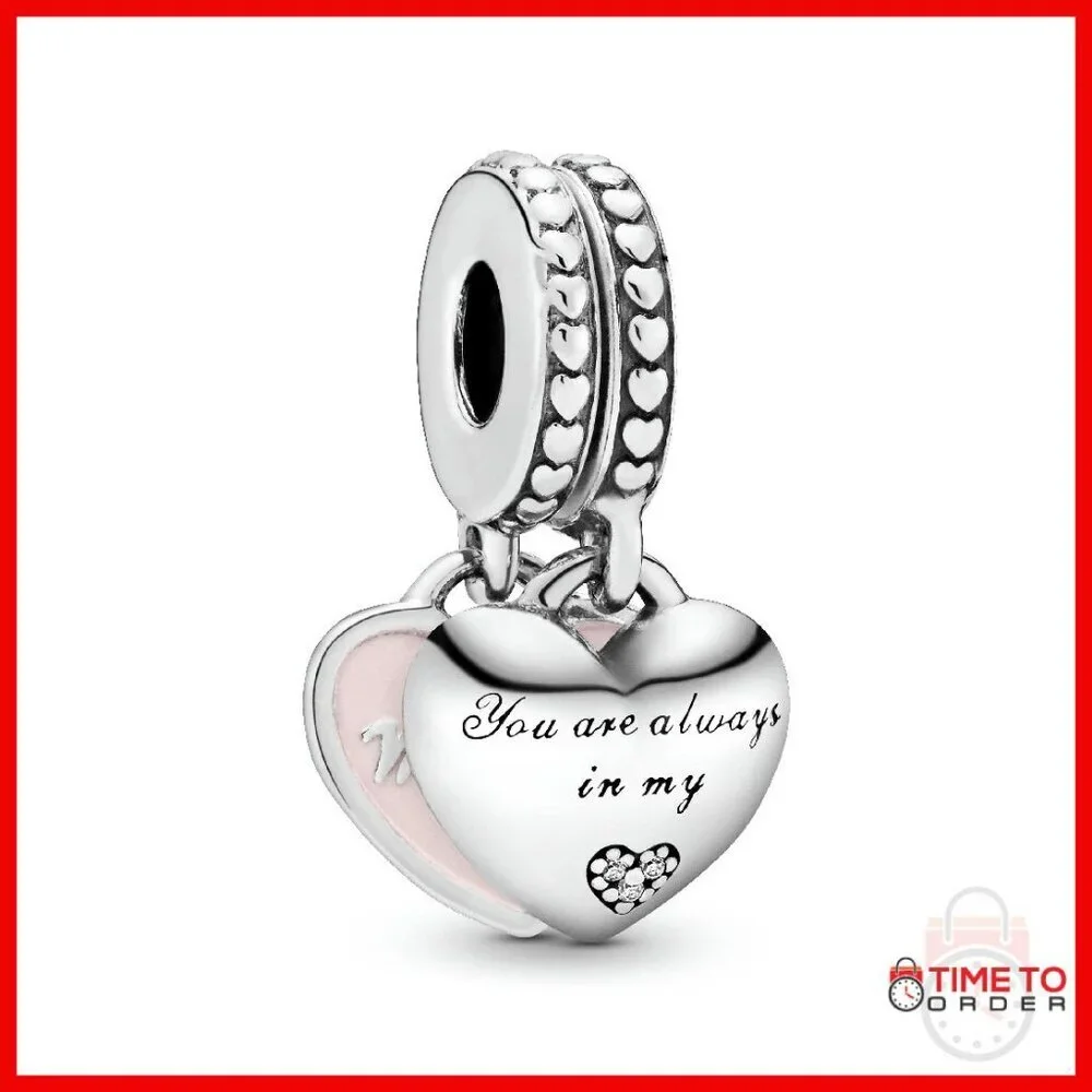 Sterling Silver Heart Charm with Cubic Zirconia and Pink Enamel